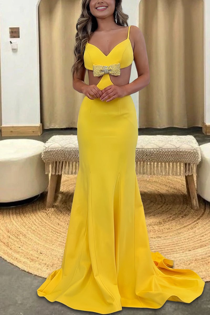 Yellow - Spaghetti Straps Satin Cutout Mermaid Prom Dresses With Bowknot