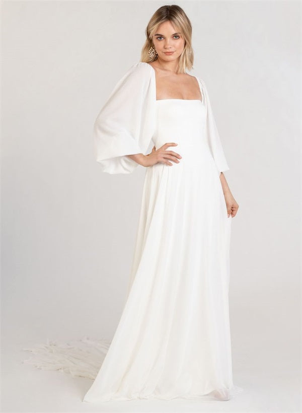Square Neckline Chic A-line Wedding Dress Long Sleeves Chiffon Sweep Train