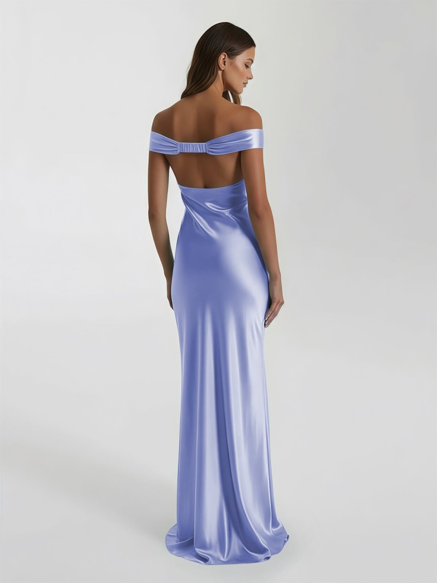 Aqua Off The Shoulder Sheath Satin Long Prom Dress