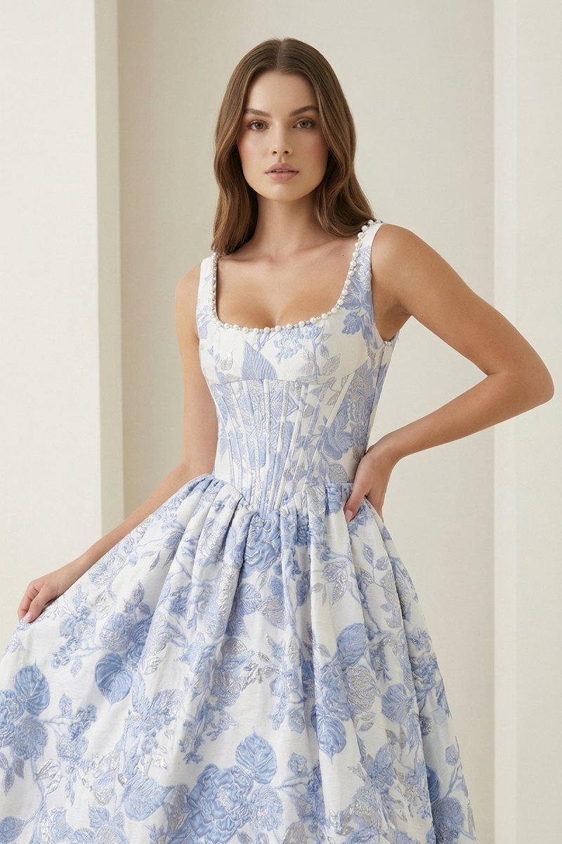 Blue - Square Neck A Line Floral Jacquard Prom Dresses With Pearls