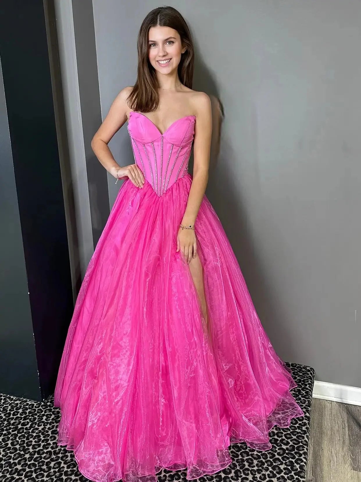 Tiffany Blue Organza Prom Dress with Slit Sweetheart Neckline Boned Bodice