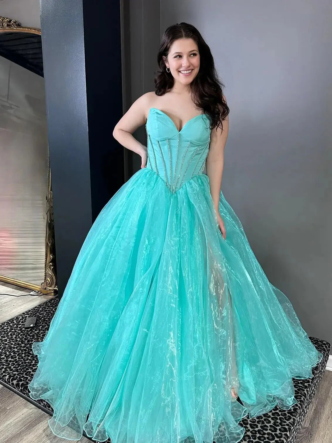 Tiffany Blue Organza Prom Dress with Slit Sweetheart Neckline Boned Bo