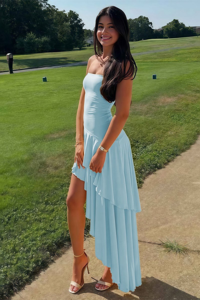Blue - Sheath Strapless Spandex High Low Long Prom Dresses with Ruffles