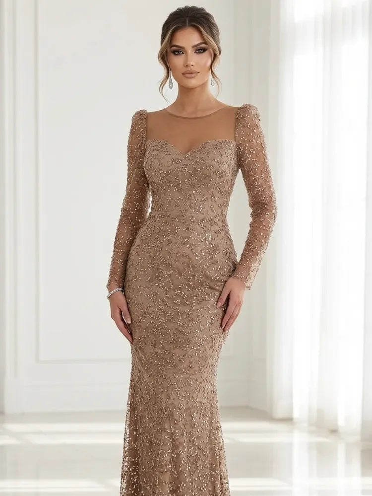Beaded Long Sleeve Mermaid Floor-Length Women Evening Dress