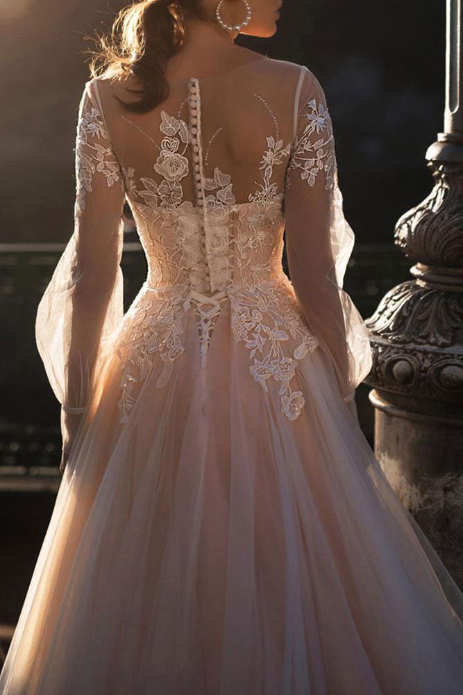 Wedding Dresses A-line Illusion Neck Long Sleeve Long Tulle Pleated Bridal Dress With Train