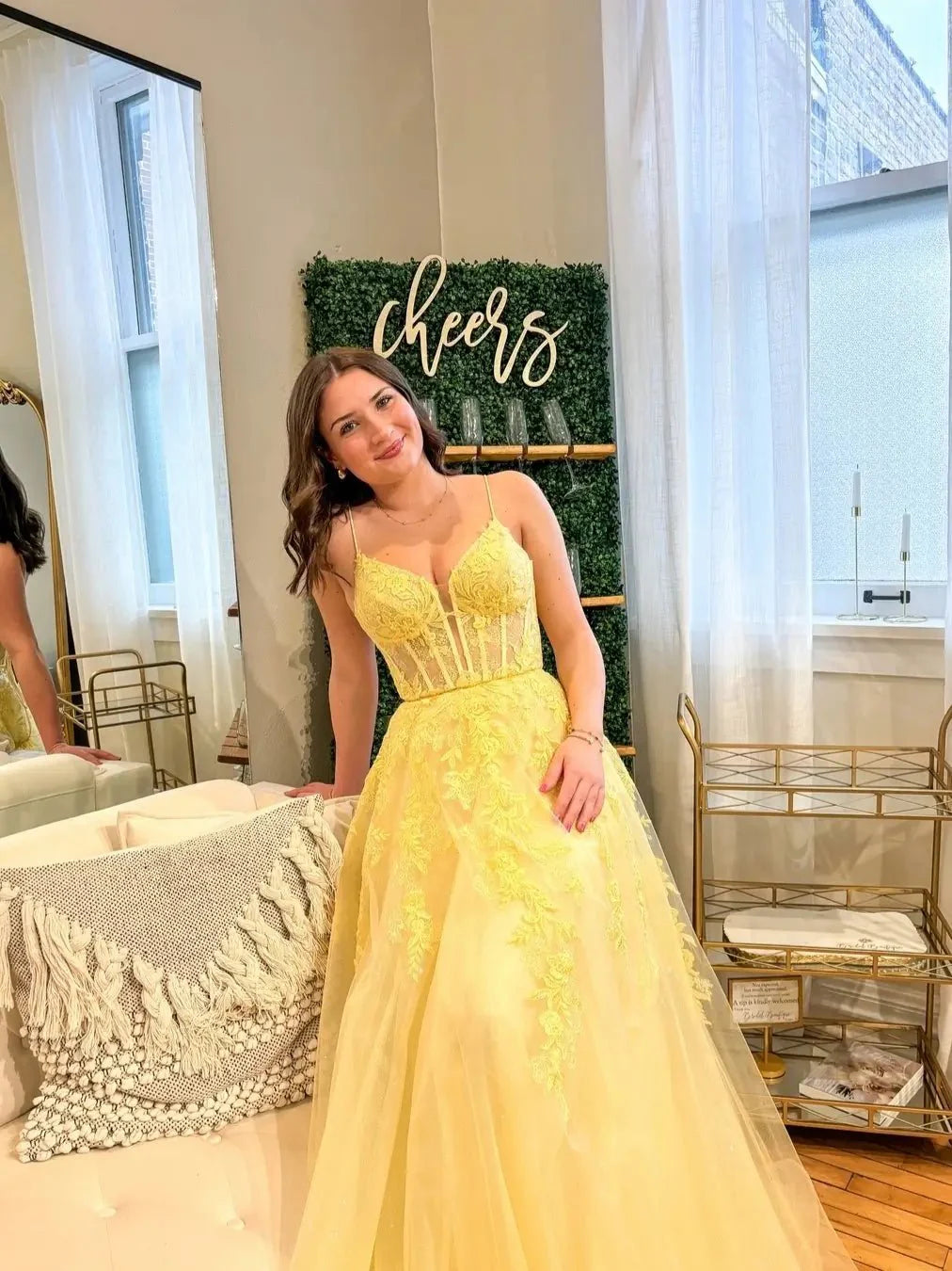 Yellow Lace Tulle Prom Dress with Spaghetti Strap Sweetheart Neckline Sheer Boned
