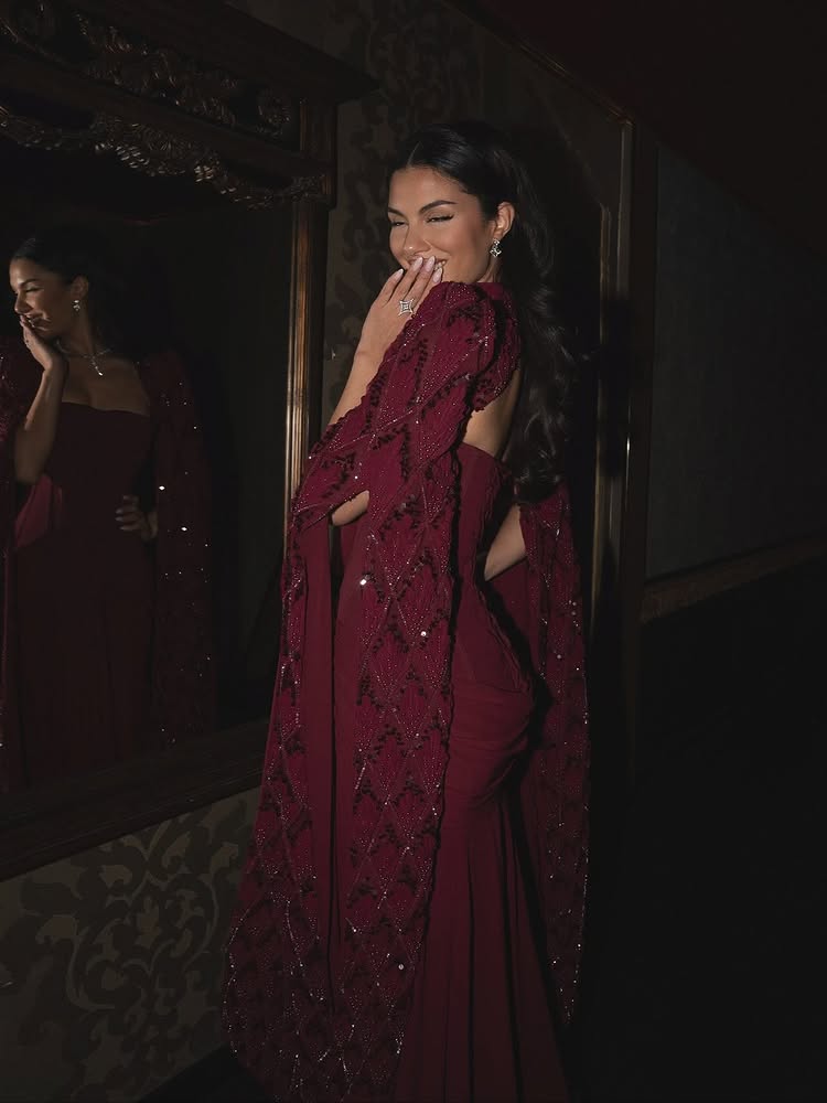 Red Cape Sleeve Sequins Sparkle Mermaid Evening Dress Women