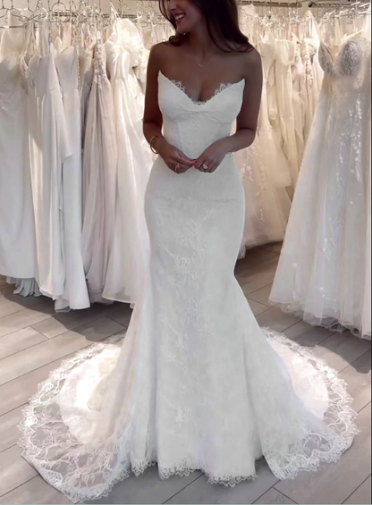 Mermaid V Neck Lace Long Wedding Dresses, Elegant Wedding Dress