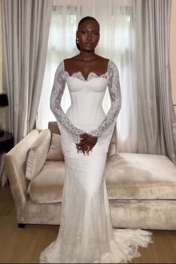 White Mermaid Wedding Dress Elegant African Lace Long Sleeves Bridal Gown