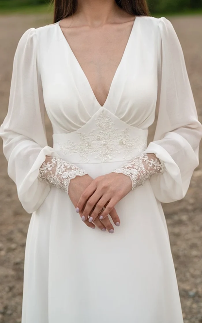 Ivory lace wedding dress, long-sleeve button back long train gown lace  chiffon Wedding Dresses