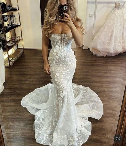 Charming Strapless Mermaid Princess Beach Vintage Long Wedding Dresses Bridal Gown