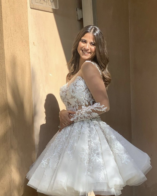 A Line Unique Short Wedding Dress with Lace Appliques