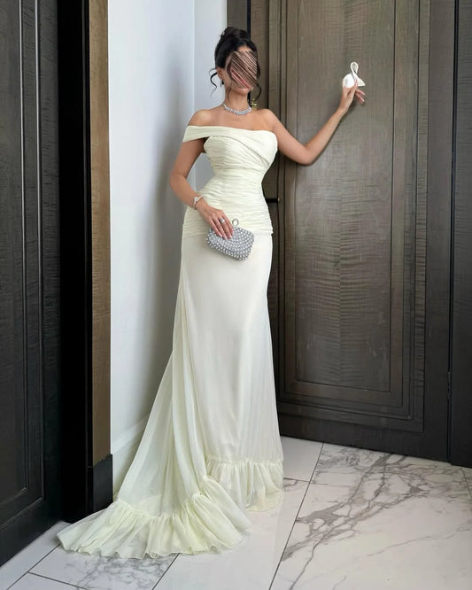Elegant Ivory One Shoulder Pleated Prom Dress With Train YK0778