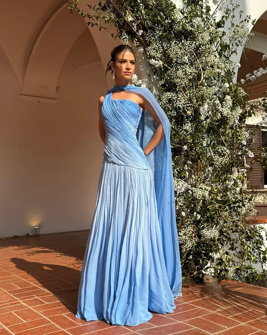 Chic One Shoulder Sleeveless Long Prom Dress With Pleated Shawl