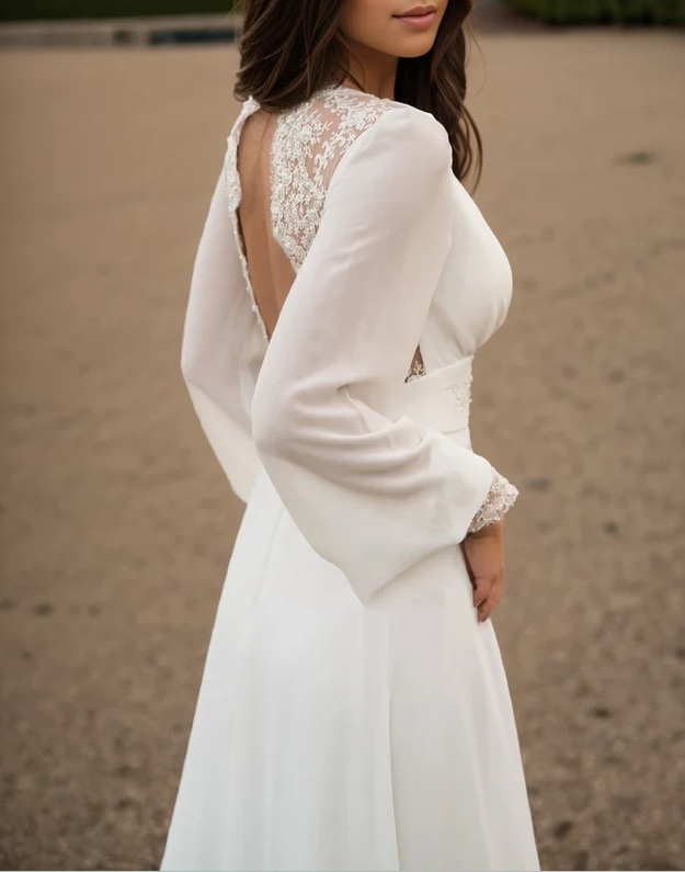Ivory lace wedding dress, long-sleeve button back long train gown lace  chiffon Wedding Dresses