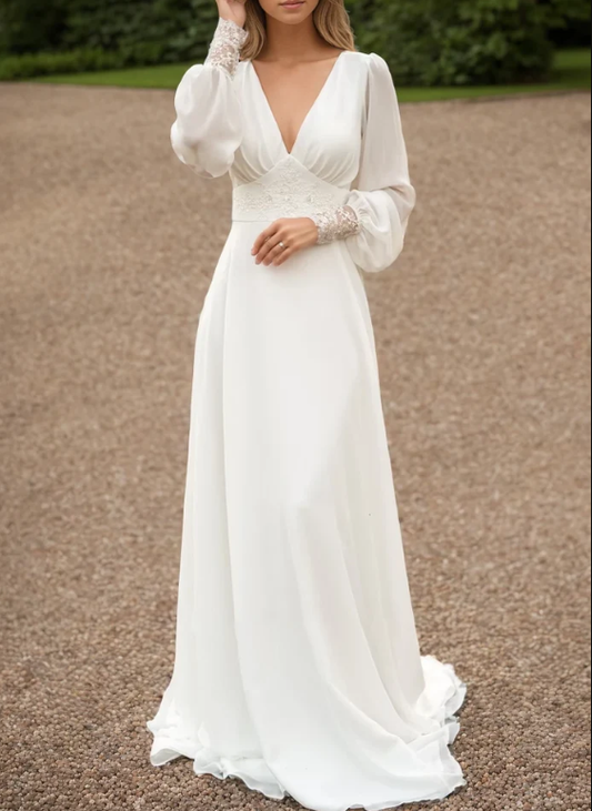 Ivory lace wedding dress, long-sleeve button back long train gown lace  chiffon Wedding Dresses