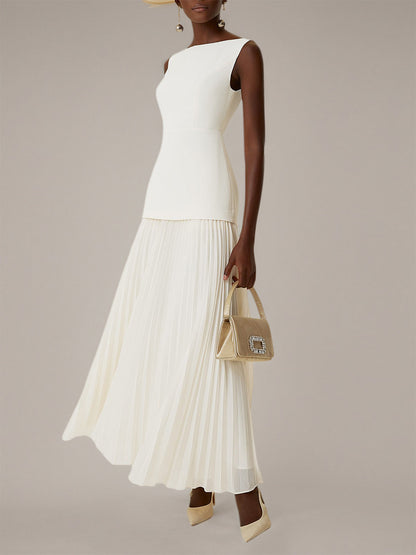 White A Line Chiffon Round Neck Sleeveless Floor Length Dresses
