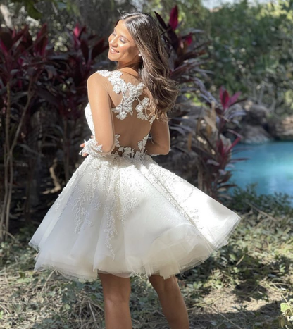 A Line Unique Short Wedding Dress with Lace Appliques