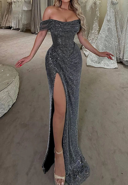 Off the Shoulder Sleeveless Sequins Sparkle Mermaid Side Slit Evening Dress