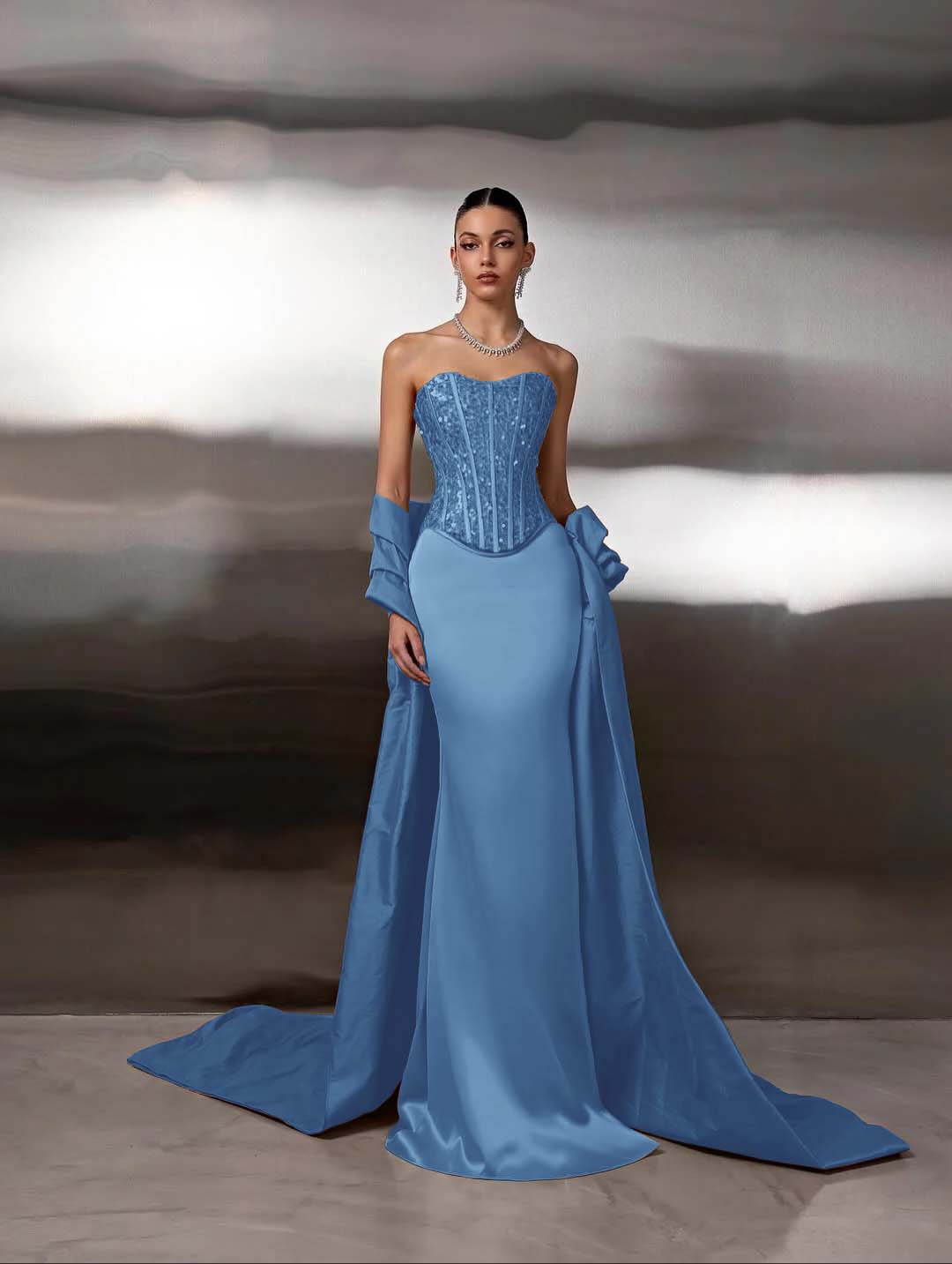 Satin Strapless Sleeveless Long Mermaid Prom Dress With Ruffles And Sequins