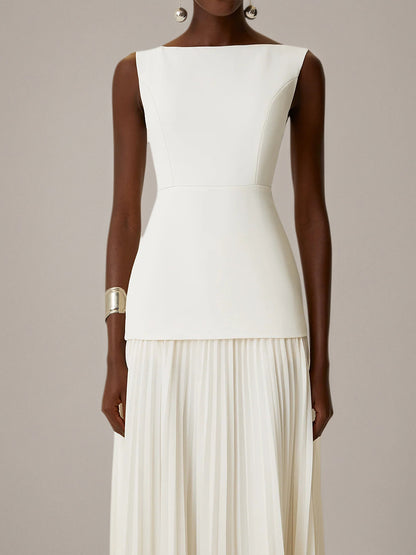 White A Line Chiffon Round Neck Sleeveless Floor Length Dresses