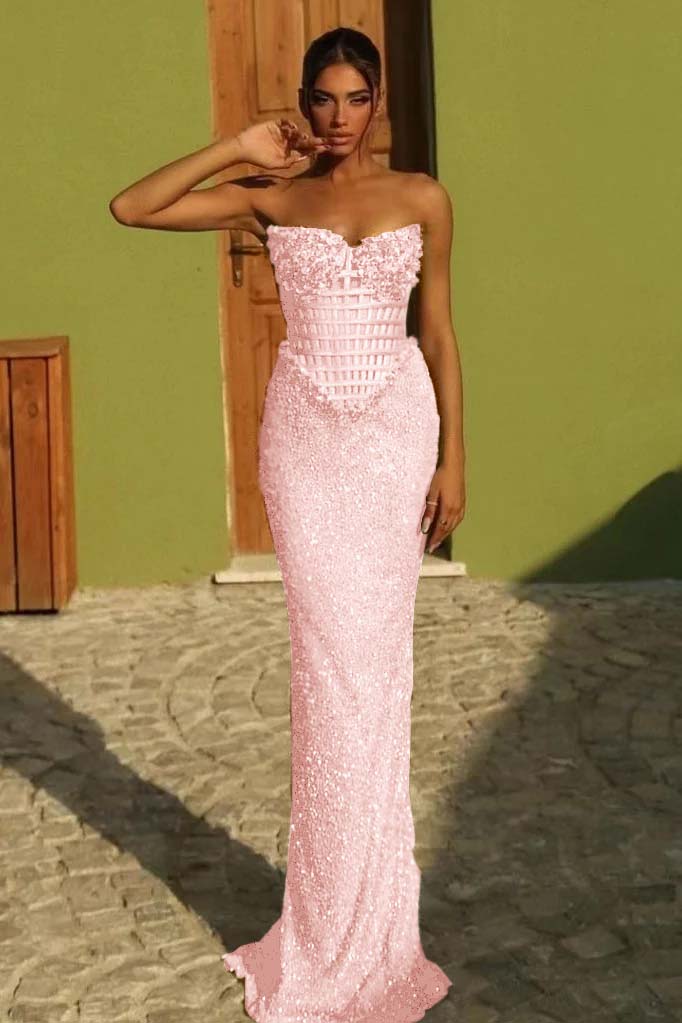 Sleeveless Strapless Long Mermaid Prom Dress With Sequin Pleated