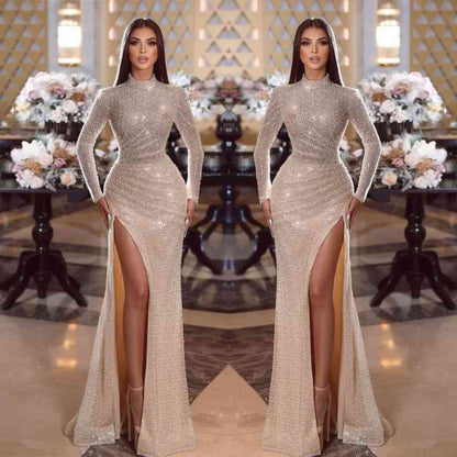 Shiny High Neck Long Sleeves Pleated Mermaid Prom Dress With Split For Women