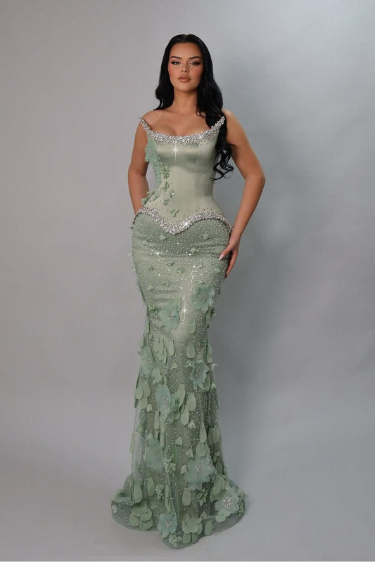 Satin And Tulle Strapless Sleeveless Long Mermaid Prom Dress With Flowers And Rhinstone