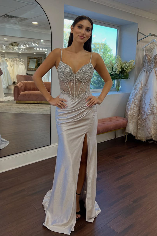 Mermaid V Neck Spaghetti Straps Silver Satin Corset Long Prom Dresses with Slit