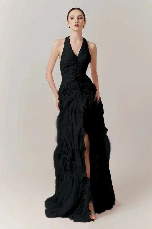 Halter V-Neck Strapless Sleeveless High Waist Long Pleated A-Line Prom Dress With Ruffles And High Split JZ0093