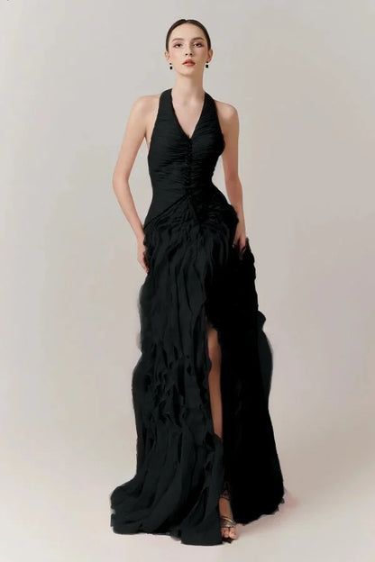 Halter V-Neck Strapless Sleeveless High Waist Long Pleated A-Line Prom Dress With Ruffles And High Split JZ0093