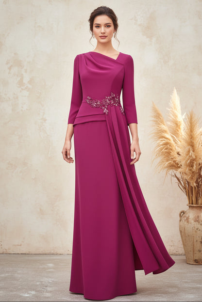 Fuchsia Long Sleeve Applique Ruffles Mermaid Mother of the Bride Dress