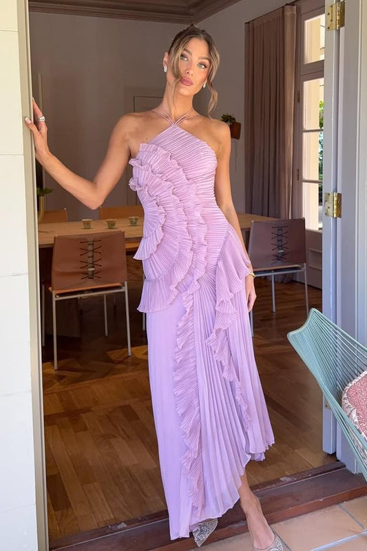 Stunning Halter Sleeveless Long Prom Dress With Pleated Ruffles