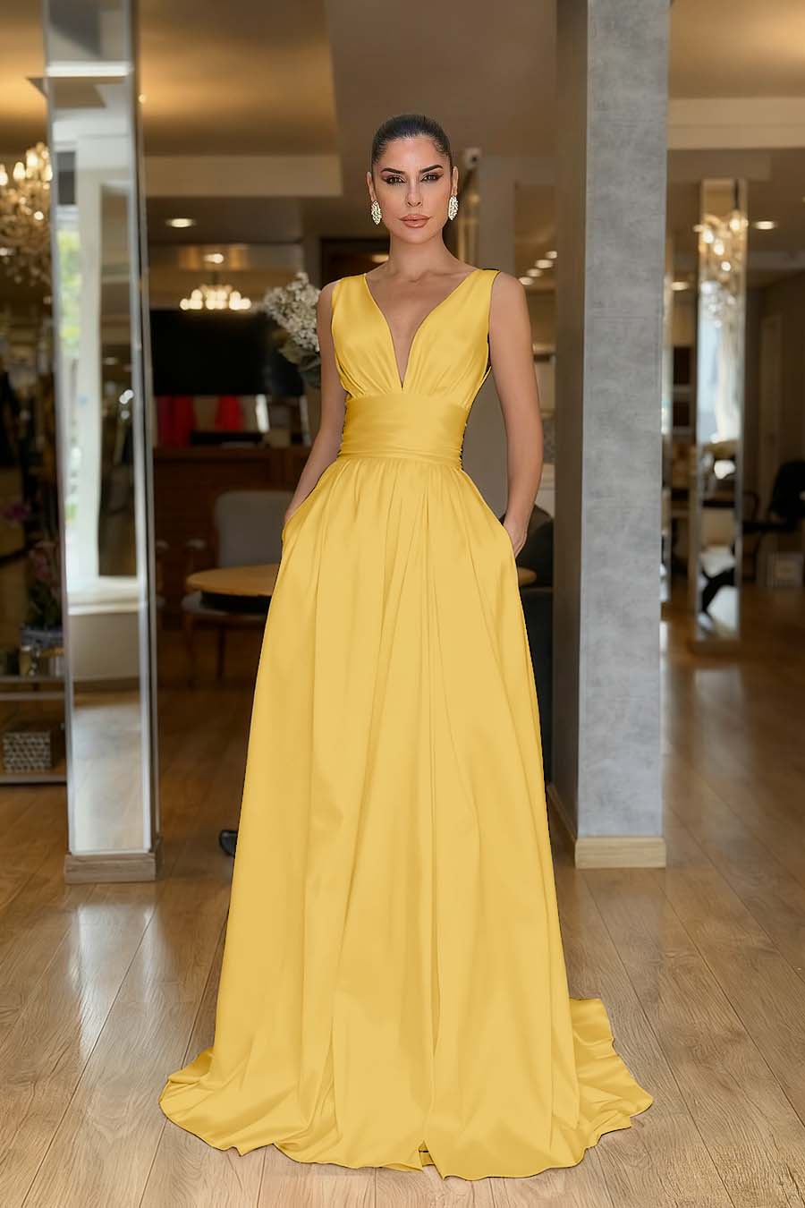 Hidais Straps Sleeveless High Waist Long Prom Dress With Pockets Pleated