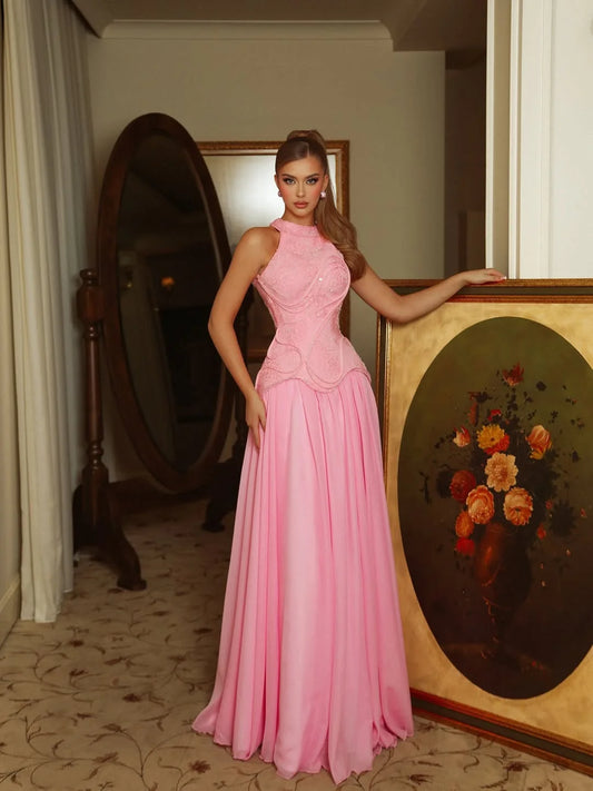 Dreamy Candy Pink Halter Sleeveless Pleated Floor Length Prom Dress YK0765