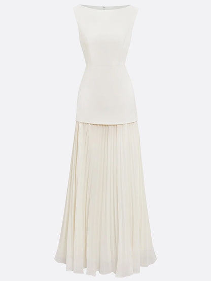 White A Line Chiffon Round Neck Sleeveless Floor Length Dresses