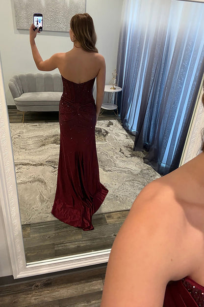 Sparkly Beaded Mermaid Satin Corset Maroon Long Prom Dress with Slit