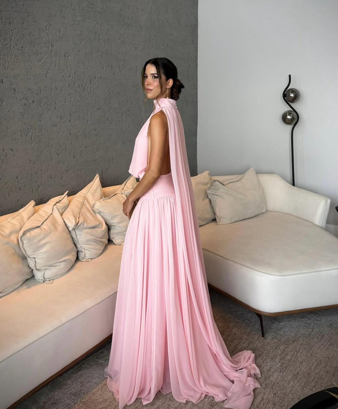Miabel Pink Elegant High Neck Tulle Pleated Sleeveless Prom Dress