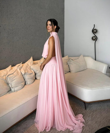 Miabel Pink Elegant High Neck Tulle Pleated Sleeveless Prom Dress