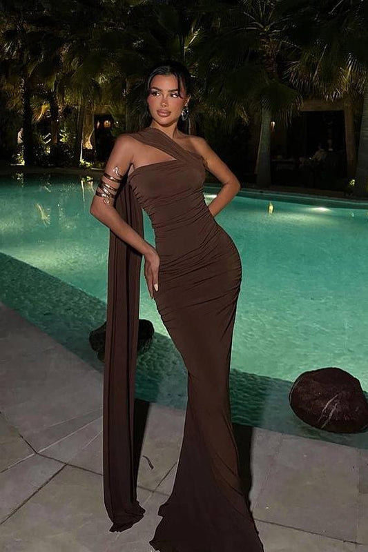 Dark Brown Strapless Sleeveless Long Mermaid Prom Dress With Pleated And Ruffle