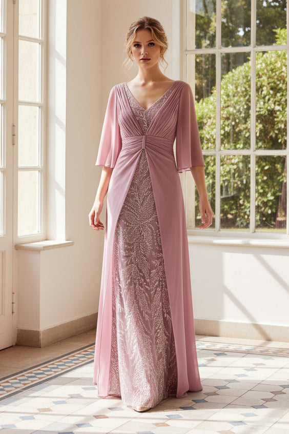 V-Neck Lace Applique 3/4 Sleeve Mermaid Court Train Mother of the Bride Dress