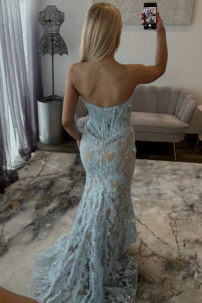 Mermaid Sweetheart Sky Blue Lace Applqiues Long Prom Prom Dress