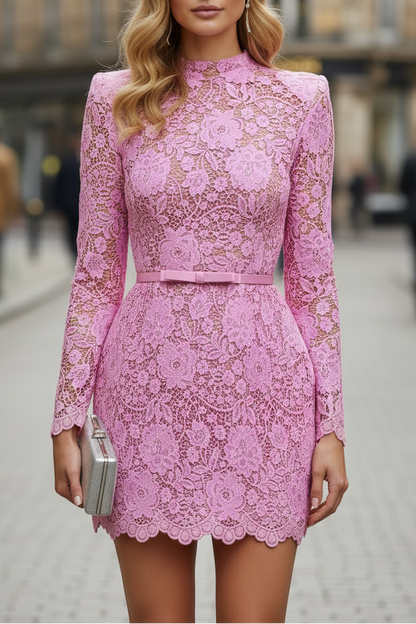 High Neck Lace Long Sleeve Mermaid Short Mini Evening Dress