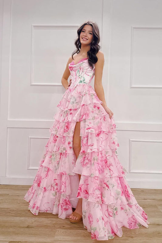 A Line Sweetheart Pink Floral Chiffon Long Prom Dress with Slit