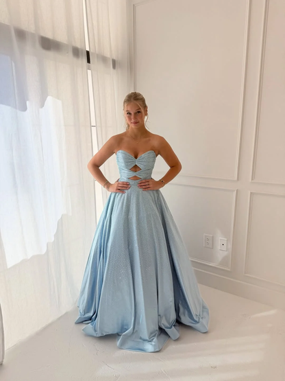 Satin V-Neck Strapless Sleeveless Long A-Line Prom Dress With Pleated And Rhinstone