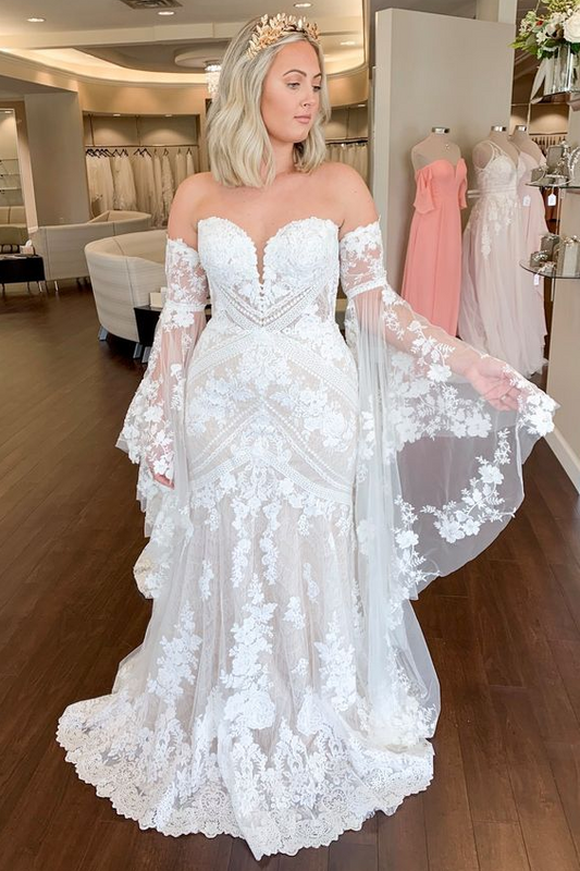 Bell Sleeves Lace Wedding Dresses Sweetheart Mermaid Bridal Gowns