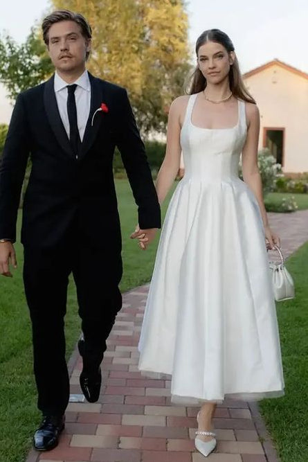 Satin Tulle Midi Wedding Dress, Simple Square Neckline Tea Length Formal Prom Dress