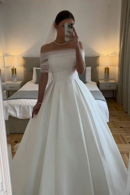 White Off The Shoulder Wedding Dresses A Line Long Bridal Gowns