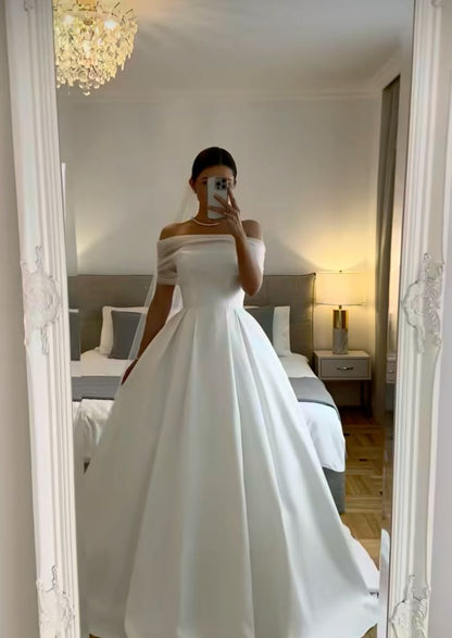 White Off The Shoulder Wedding Dresses A Line Long Bridal Gowns