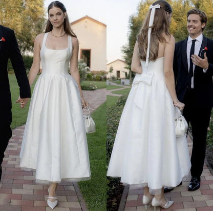 Satin Tulle Midi Wedding Dress, Simple Square Neckline Tea Length Formal Prom Dress
